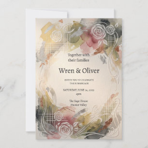 Watercolour Rose Garden Art Deco Wedding Invitation