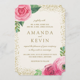 Watercolour Roses and Glitter Wedding Invitations