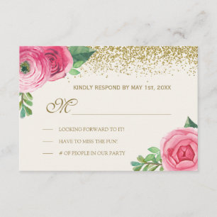 Watercolour Roses and Glitter Wedding RSVP Card