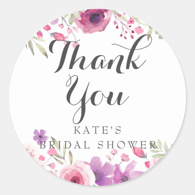 Watercolour Roses Bridal Shower Thank You Classic Round Sticker (Front)