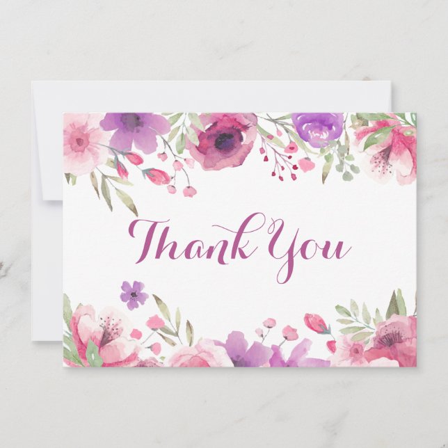 Watercolour Roses Greenery Script Thank You (Front)