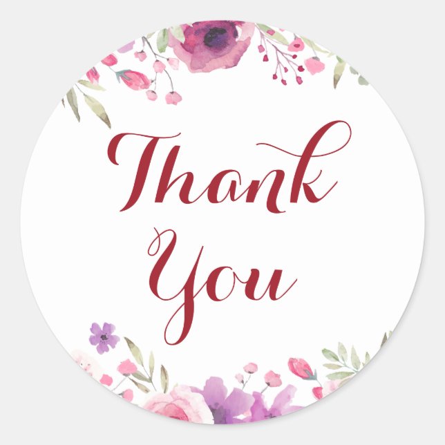 Watercolour Roses Thank You Classic Round Sticker (Front)