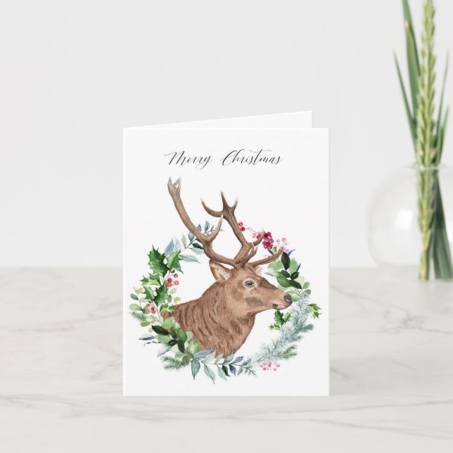 Watercolour Scottish Stag, Merry Christmas Card (Front)