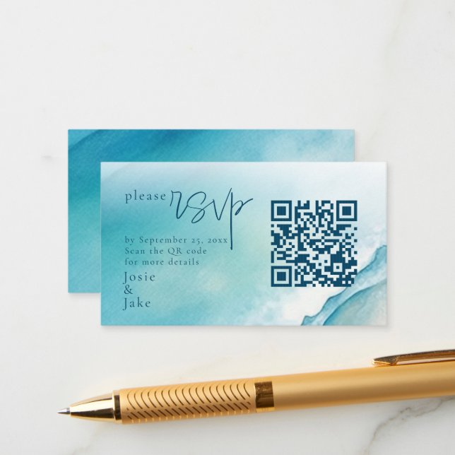 Watercolour Sea and Sand RSVP with QR Code Enclosure Card (Front/Back In Situ)