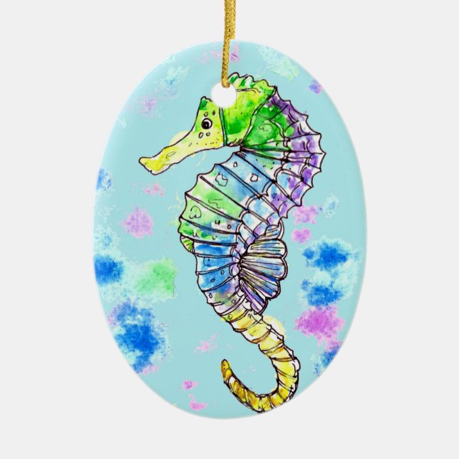 Watercolour Seahorse Ceramic Tree Decoration (Front)