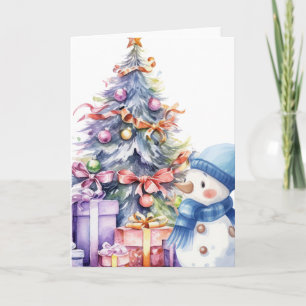 Watercolour Snowman with Blue Scarf & Xmas Tree Card