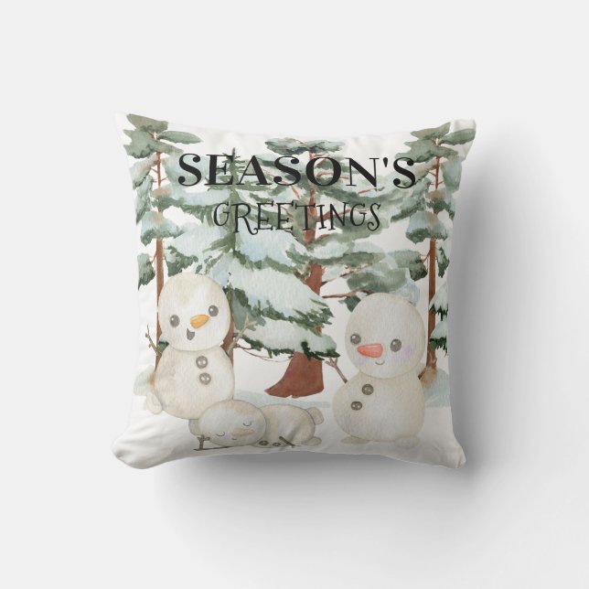 Watercolour Snowmen Scene  Cushion (Front)
