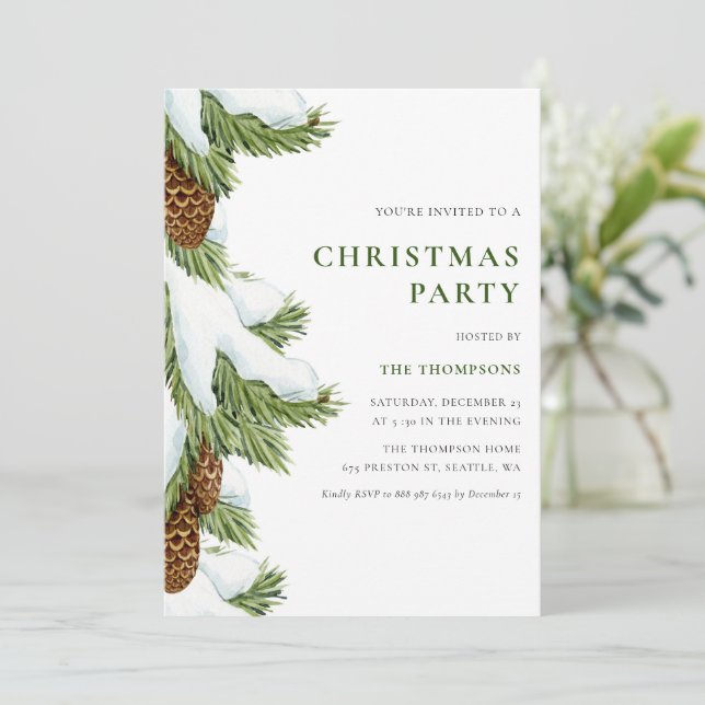 Watercolour Snowy Pine Needles Christmas Party Invitation (Standing Front)