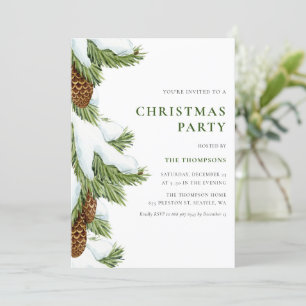 Watercolour Snowy Pine Needles Christmas Party Invitation