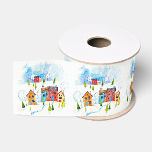 Watercolour snowy township grosgrain ribbon