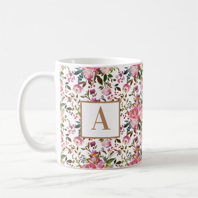 Watercolour Spring Floral Wreath Monogram Coffee M Coffee Mug (Left)