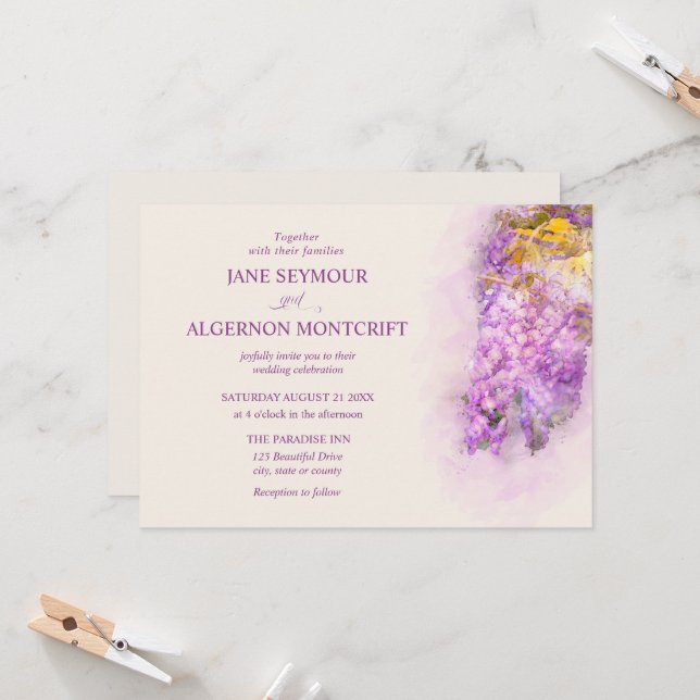 Watercolour-style wisteria wedding invitation (Front/Back In Situ)