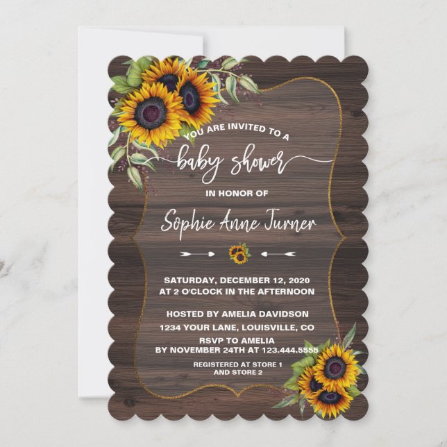 Watercolour Sunflower Wood Handwriting Baby Shower Invitation (Front)
