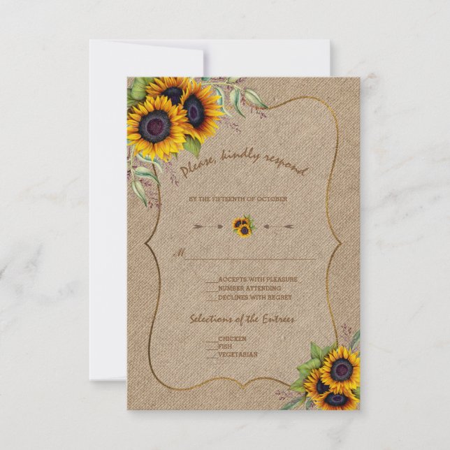 Watercolour Sunflowers Burlap Wedding RSVP Card (Front)