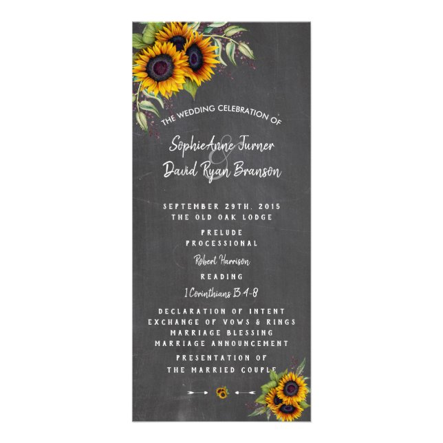Watercolour Sunflowers Chalkboard Wedding Program Rack Card (Front)