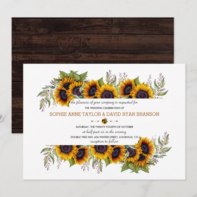 Watercolour Sunflowers Frame Old Barn Wedding Invitation (Front/Back)