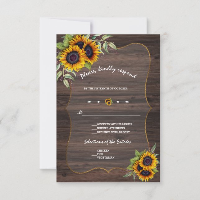 Watercolour Sunflowers Wood Wedding RSVP (Front)