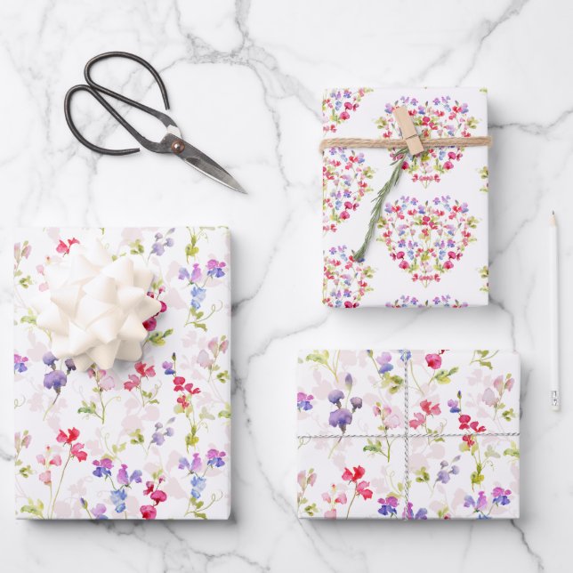 Watercolour Sweet Peas pretty floral  Wrapping Paper Sheet (Front)