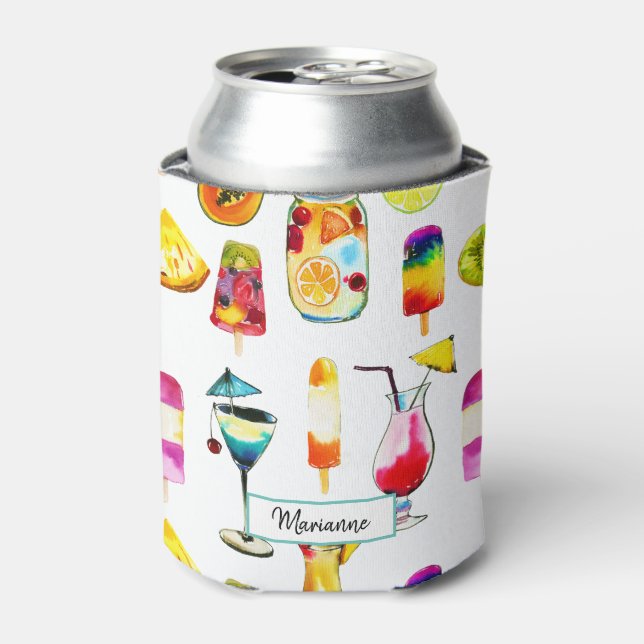 Watercolour Tropical Fruits, Juice, Cocktail Can Cooler (Can Front)