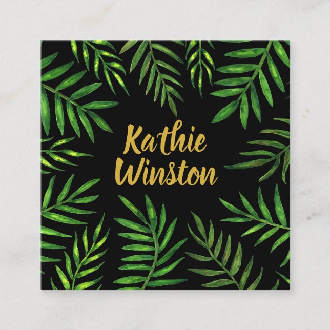 Watercolour tropical leaves plant greenery square business card (Front)