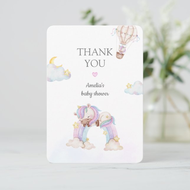 Watercolour Unicorn and Rainbow Baby Shower Thank  You Card (Standing Front)