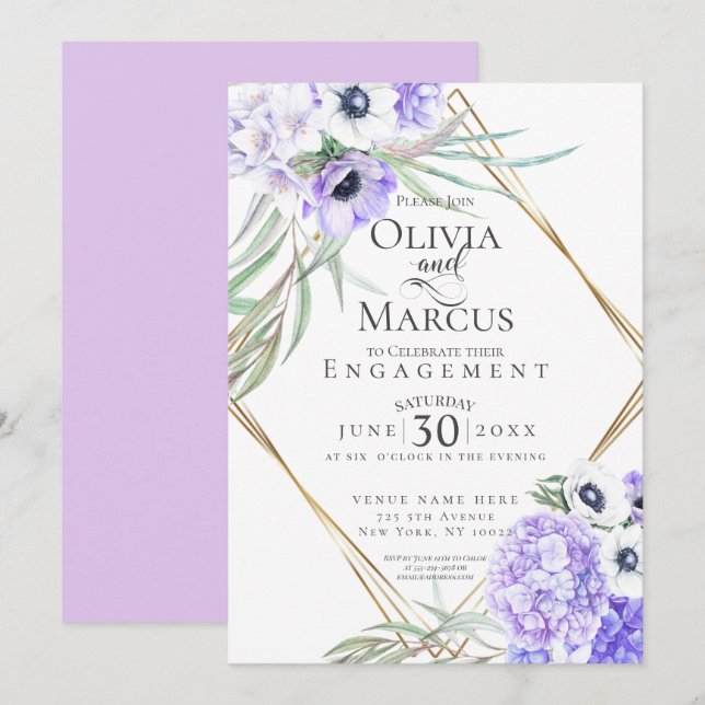 Watercolour Violet Anemone Floral  Geometric Frame Invitation (Front/Back)
