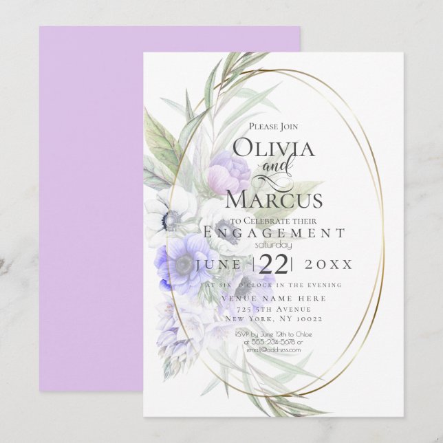 Watercolour Violet Anemone Floral  Oval Frame Invitation (Front/Back)