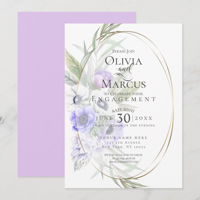Watercolour Violet Anemone Floral  Oval Frame Invitation (Front/Back)