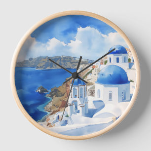 Watercolour Wall Clock - Santorini
