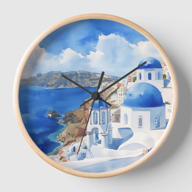 Watercolour Wall Clock - Santorini (Front)