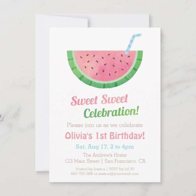 Watercolour Watermelon Birthday Party Invitations (Front)