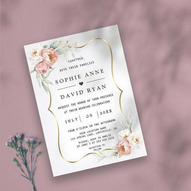 Watercolour White Dusty Rose Flowers Gold Wedding  Invitation (Creator Uploaded)