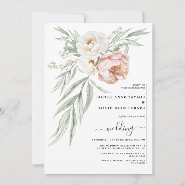 Watercolour White Dusty Rose Flowers Wedding  Invitation (Front)