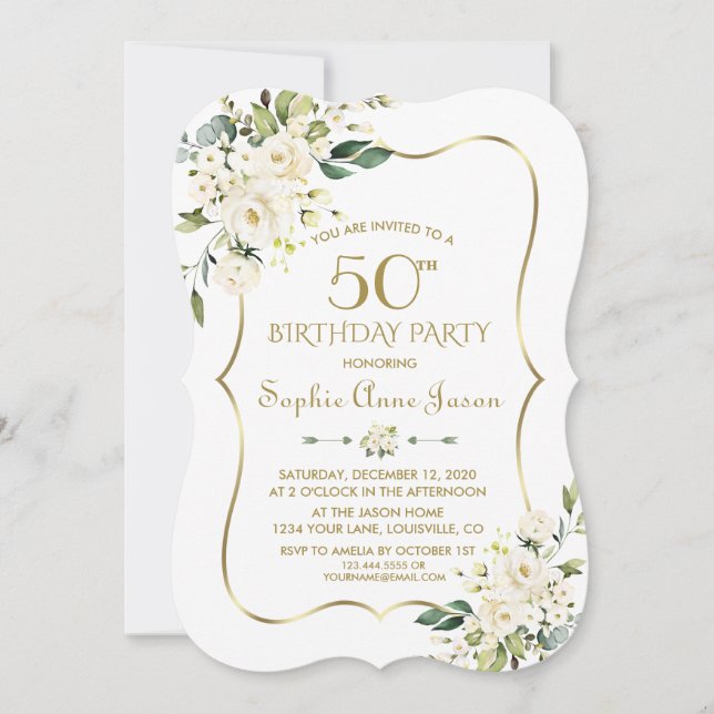 Watercolour White Floral Gold Frame 50th Birthday Invitation (Front)