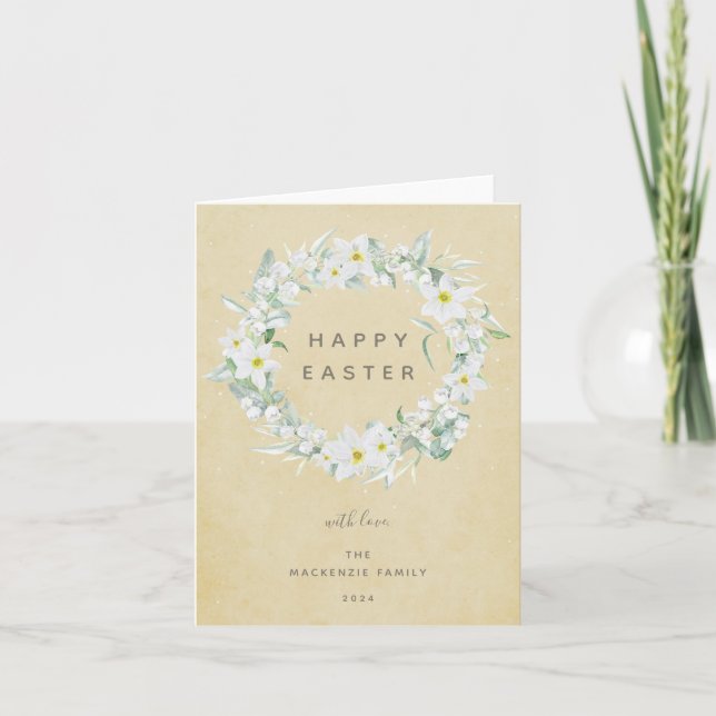 Watercolour White Floral Wreath Happy Easter Holiday Card (Front)