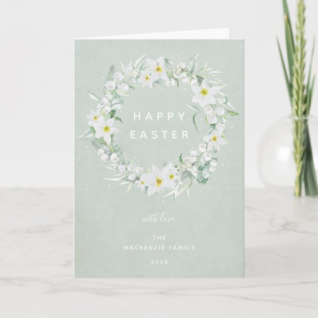 Watercolour White Floral Wreath Happy Easter Holiday Card (Front)