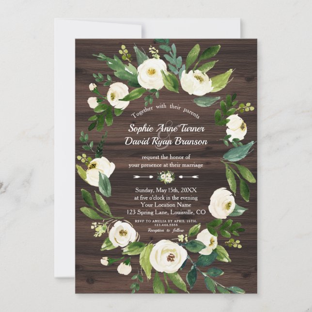 Watercolour White Floral Wreath Wood Wedding Invitation (Front)