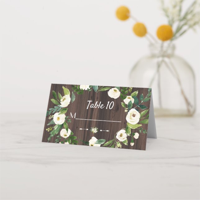 Watercolour White Floral Wreath Wood Wedding Place Card (Back)