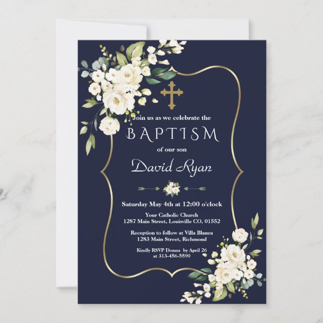 Watercolour White Flowers Gold Cross Boy Baptism Invitation (Front)