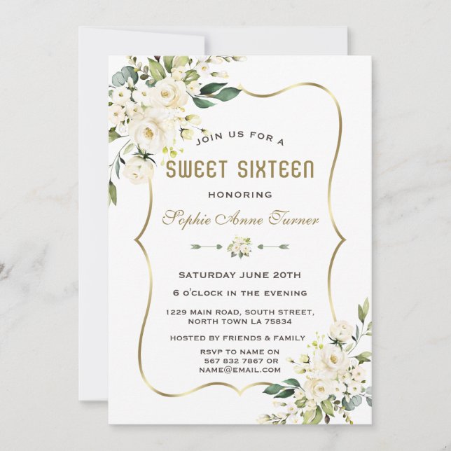 Watercolour White Flowers Gold Frame Sweet 16 Invitation (Front)