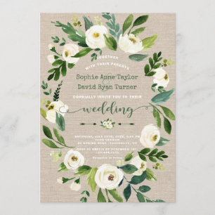 Watercolour White Flowers Linen Canvas Wedding Invitation