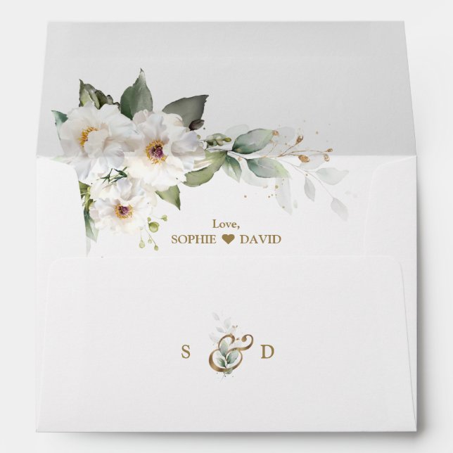 Watercolour White Flowers Wedding Return Address  Envelope (Back (Bottom))