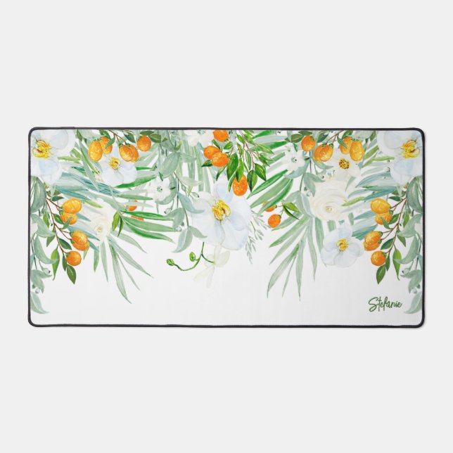 Watercolour White Orchids and Kumquats Summer Desk Mat (Front)
