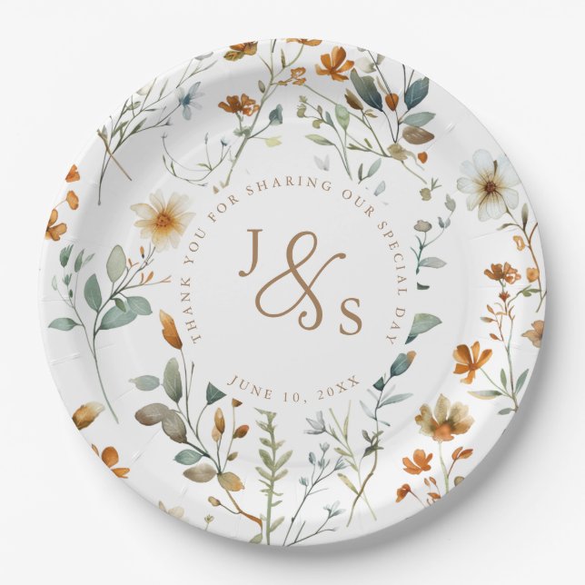  Watercolour wild flower Boho wedding Paper Plate (Front)