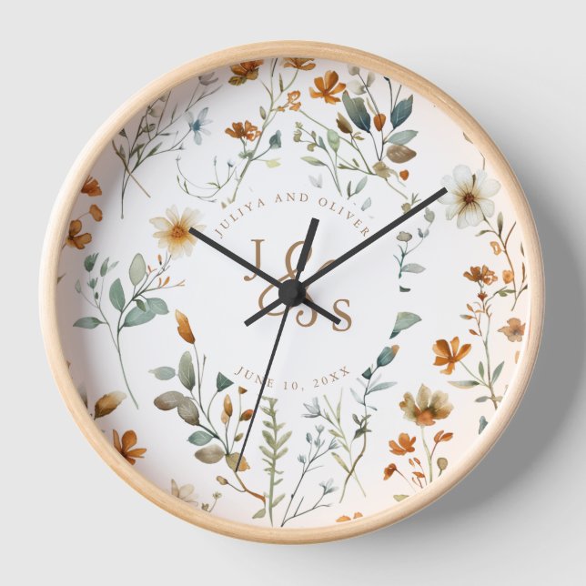  Watercolour wild flower wedding gift Clock (Front)