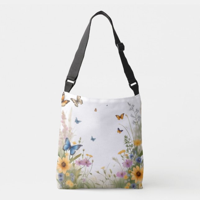 Watercolour Wildflowers Grasses And Butterflies, Crossbody Bag (Front)