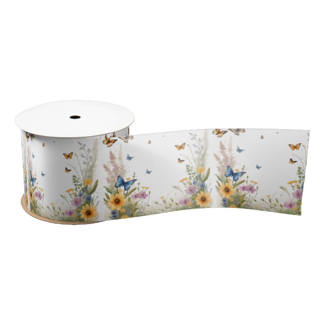 Watercolour Wildflowers Grasses And Butterflies, Satin Ribbon (Spool)