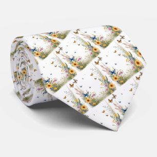 Watercolour Wildflowers Grasses And Butterflies, Tie