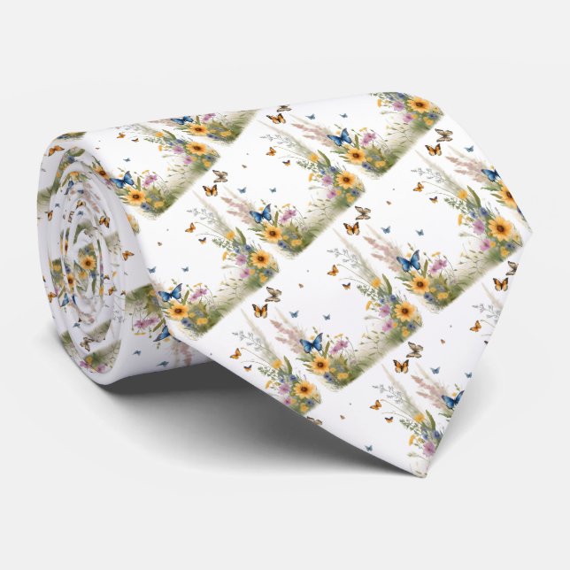 Watercolour Wildflowers Grasses And Butterflies, Tie (Rolled)