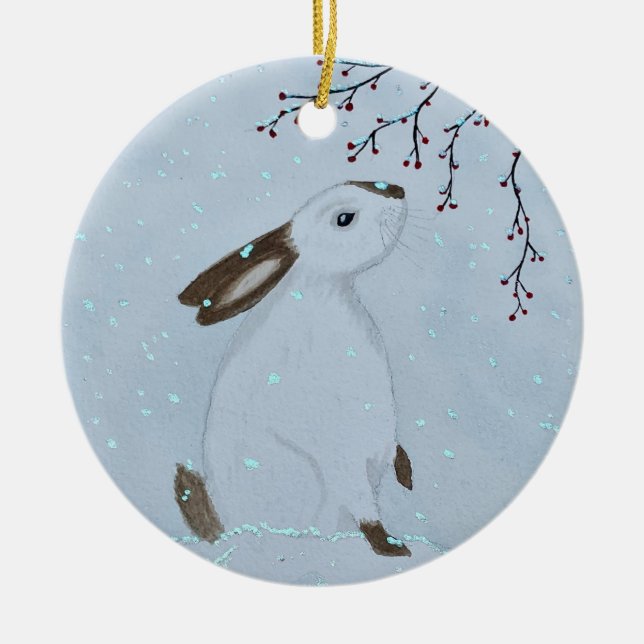 Watercolour Winter Bunny Rabbit Ceramic Tree Decoration (Front)